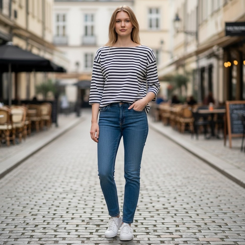 J.Crew Womens Medium Navy Blue White Striped 3/4 Sleeve Boat Neck Tee Shirt